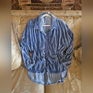 NWOT Free People asymmetrical shirring blue velvet shirt dress
